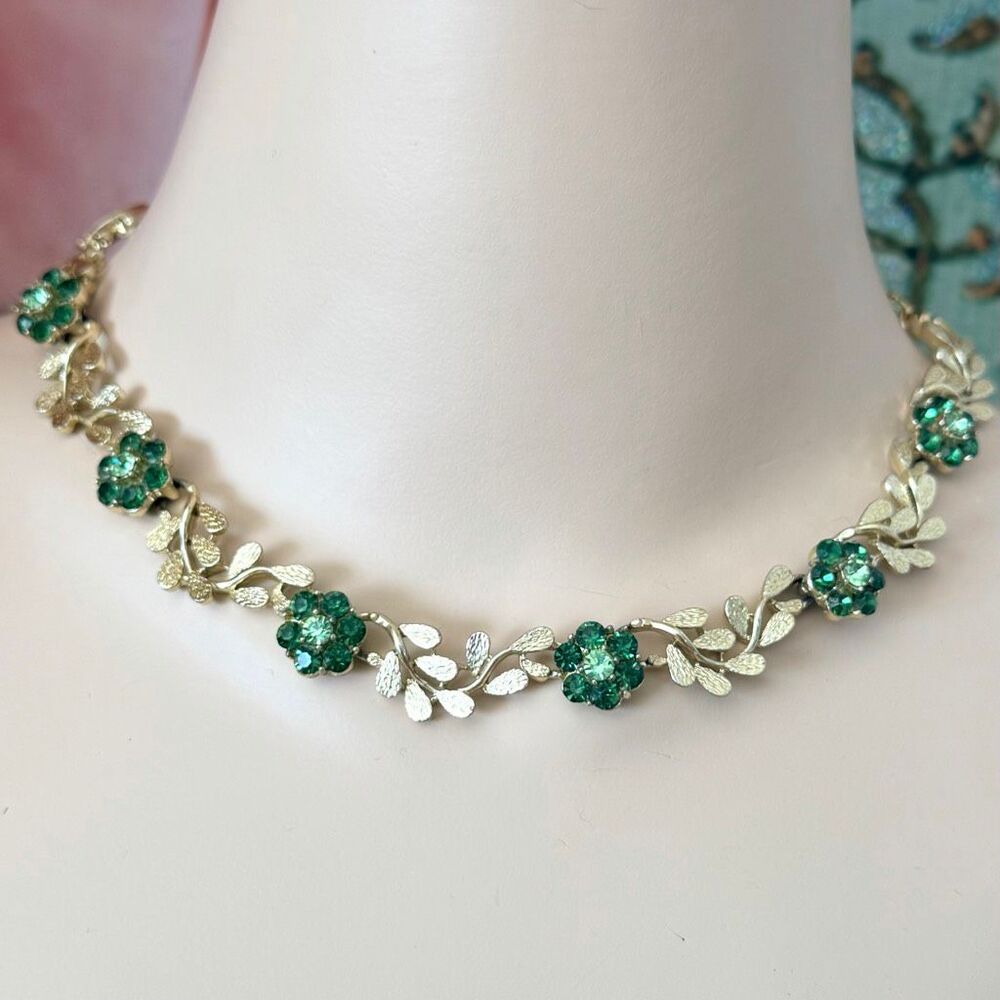 Vintage Signed Coro Green Rhinestone Floral Leaf Choker Necklace